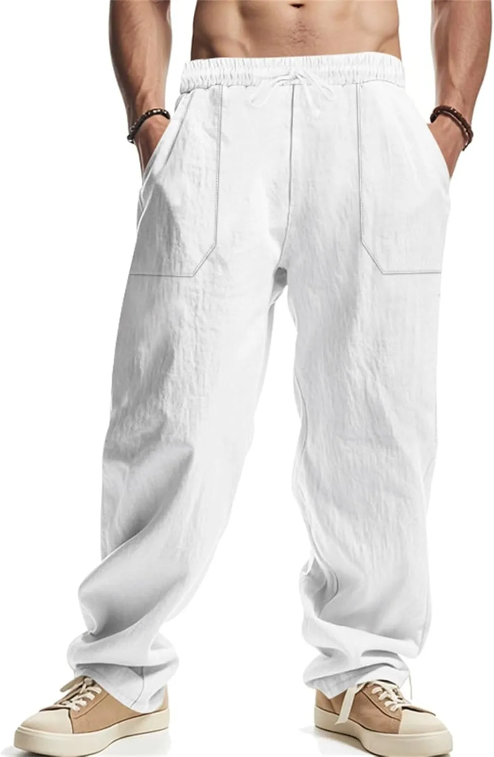 Men's Casual Linen Pants Loose Fit Elastic Waist Drawstring Beach Summer Pant Lightweight Cotton Trousers with Pocket