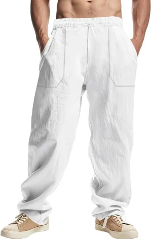 Men's Casual Linen Pants Loose Fit Elastic Waist Drawstring Beach Summer Pant Lightweight Cotton Trousers with Pocket