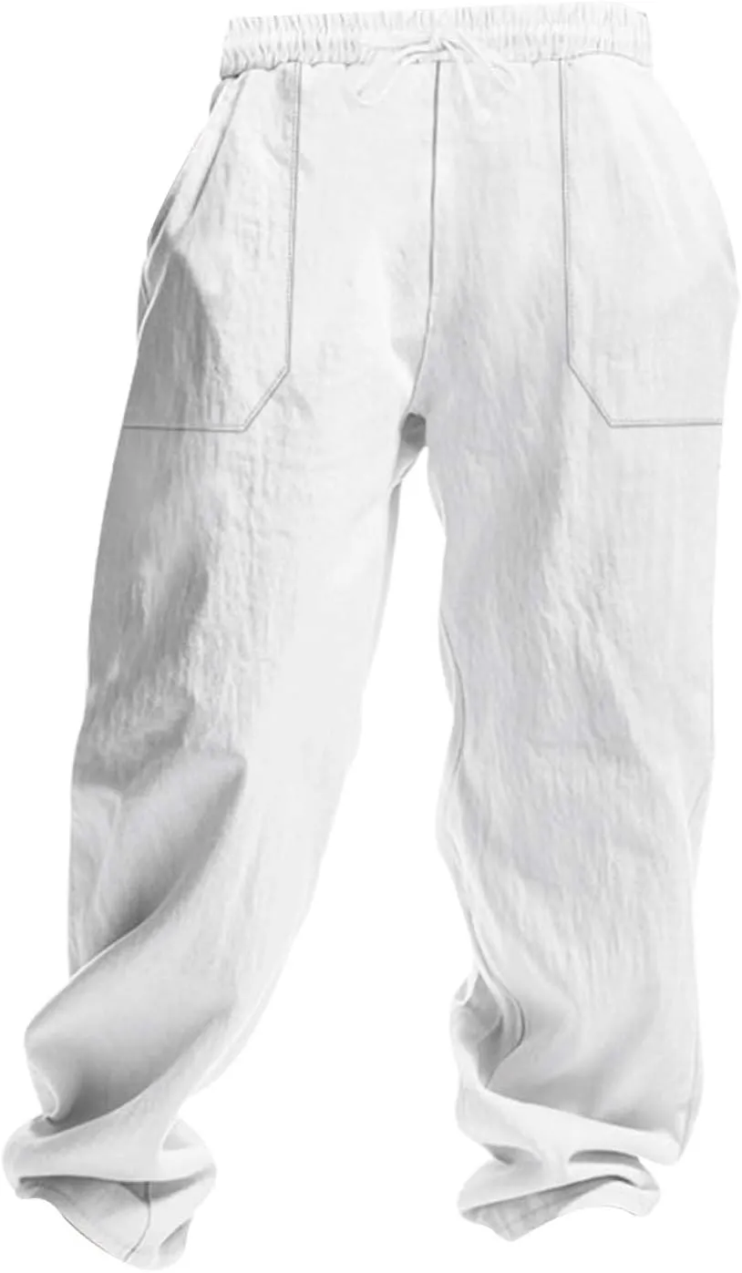 Men's Casual Linen Pants Loose Fit Elastic Waist Drawstring Beach Summer Pant Lightweight Cotton Trousers with Pocket