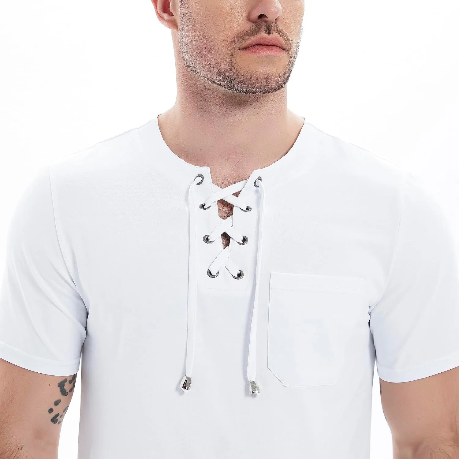 Mens Henley Shirts Casual Short Sleeve Lace Up Tees Cotton Drawstring Plain Tops