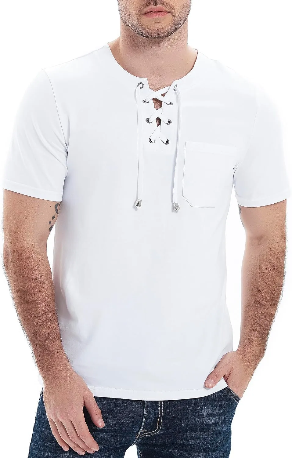 Mens Henley Shirts Casual Short Sleeve Lace Up Tees Cotton Drawstring Plain Tops