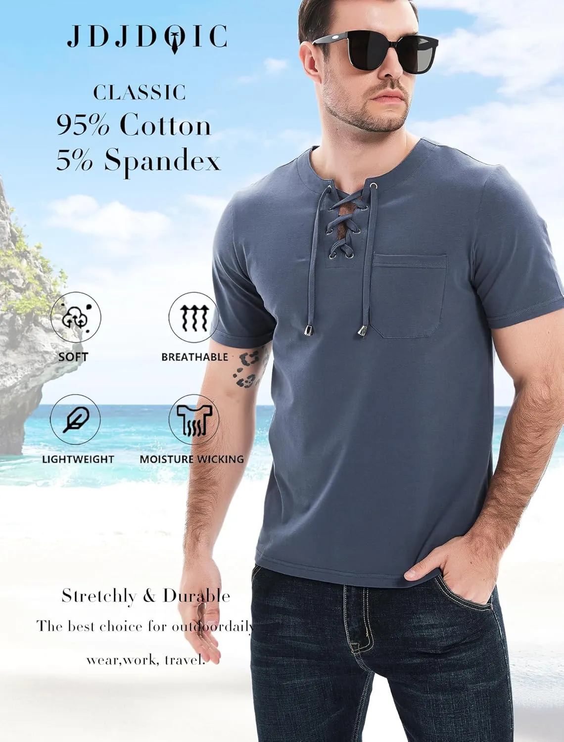 Mens Henley Shirts Casual Short Sleeve Lace Up Tees Cotton Drawstring Plain Tops
