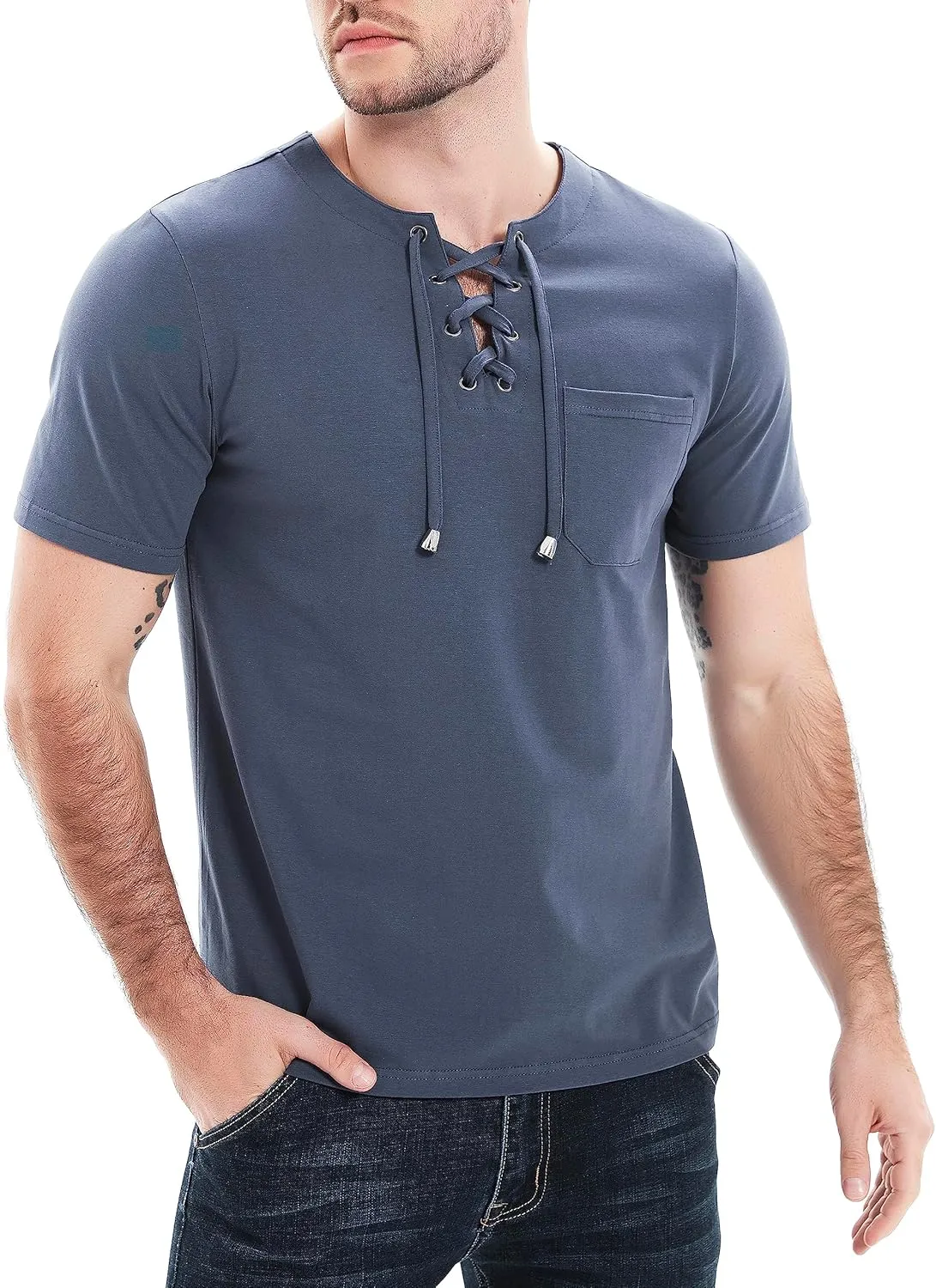 Mens Henley Shirts Casual Short Sleeve Lace Up Tees Cotton Drawstring Plain Tops