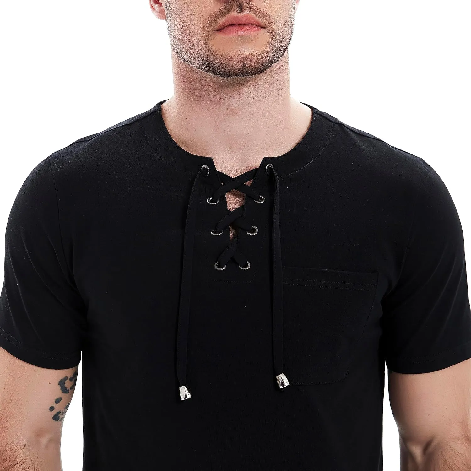 Mens Henley Shirts Casual Short Sleeve Lace Up Tees Cotton Drawstring Plain Tops
