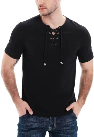 Mens Henley Shirts Casual Short Sleeve Lace Up Tees Cotton Drawstring Plain Tops