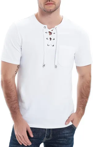 Mens Henley Shirts Casual Short Sleeve Lace Up Tees Cotton Drawstring Plain Tops