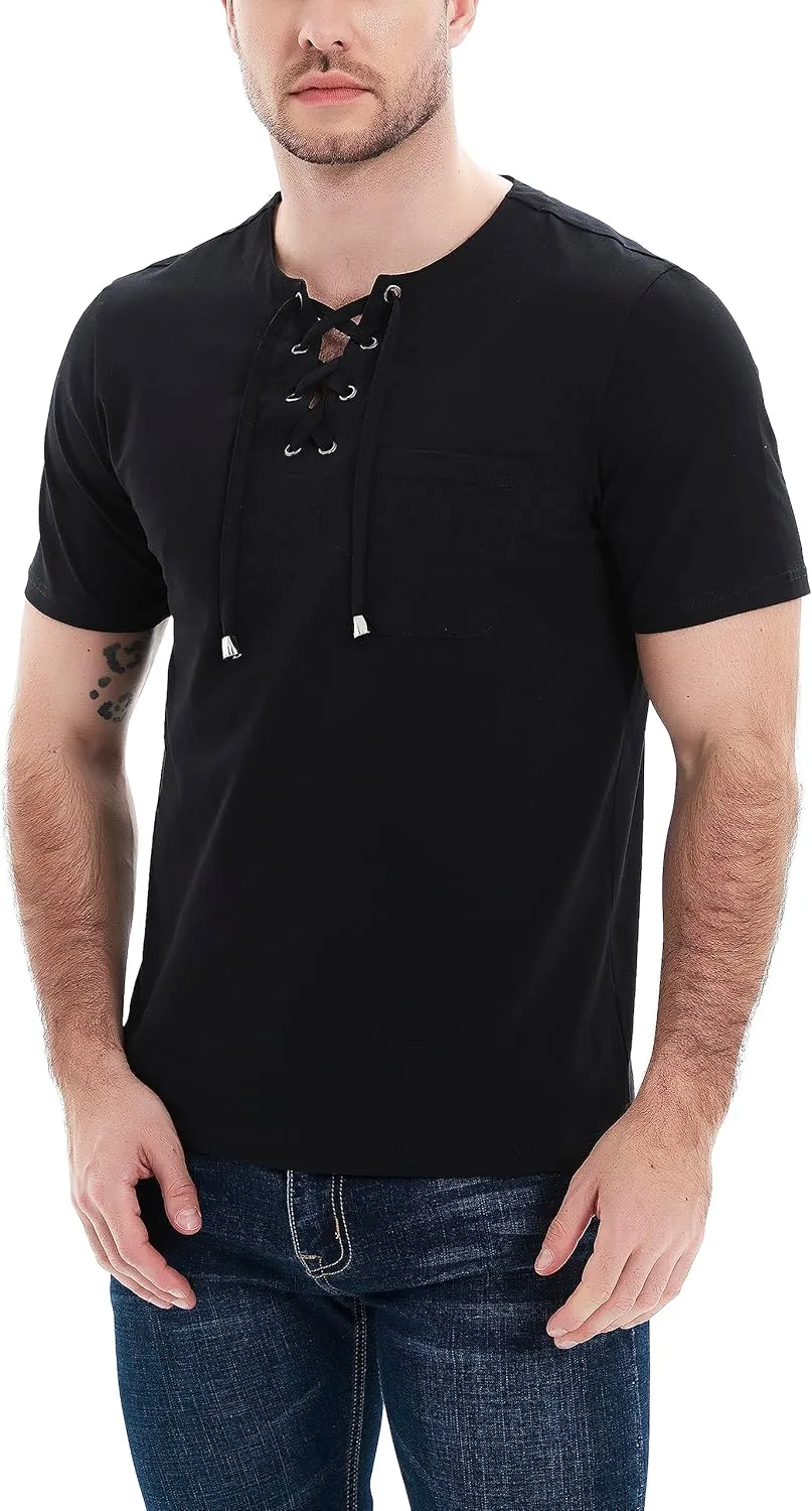 Mens Henley Shirts Casual Short Sleeve Lace Up Tees Cotton Drawstring Plain Tops
