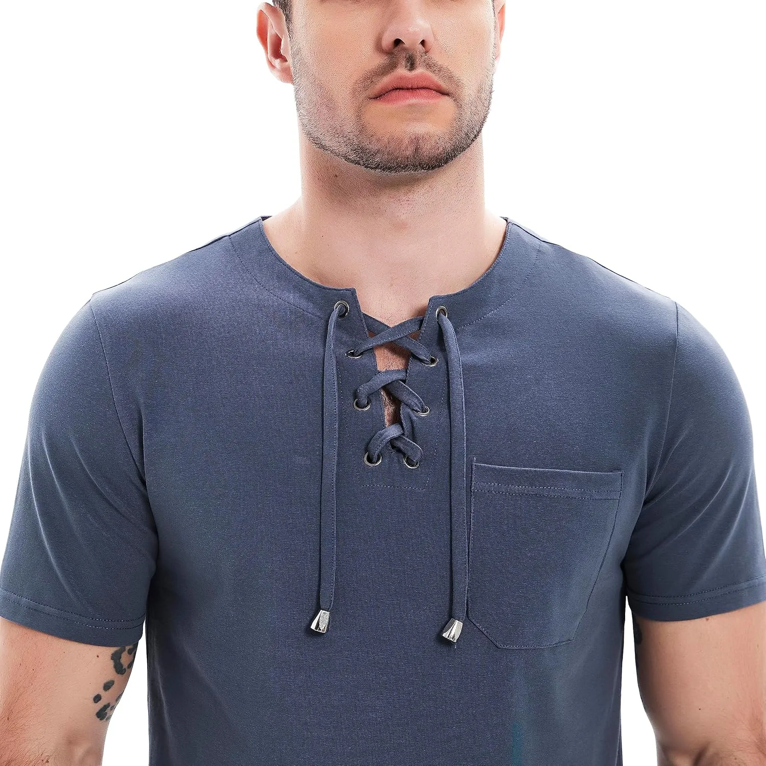 Mens Henley Shirts Casual Short Sleeve Lace Up Tees Cotton Drawstring Plain Tops