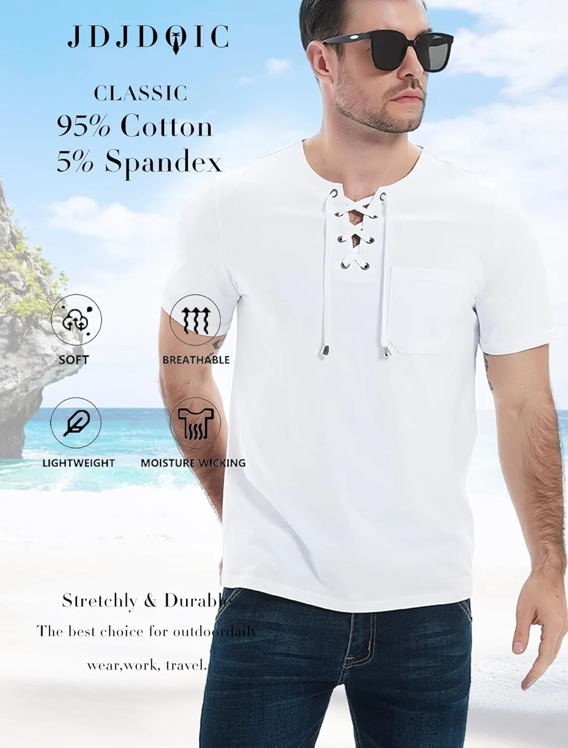 Mens Henley Shirts Casual Short Sleeve Lace Up Tees Cotton Drawstring Plain Tops