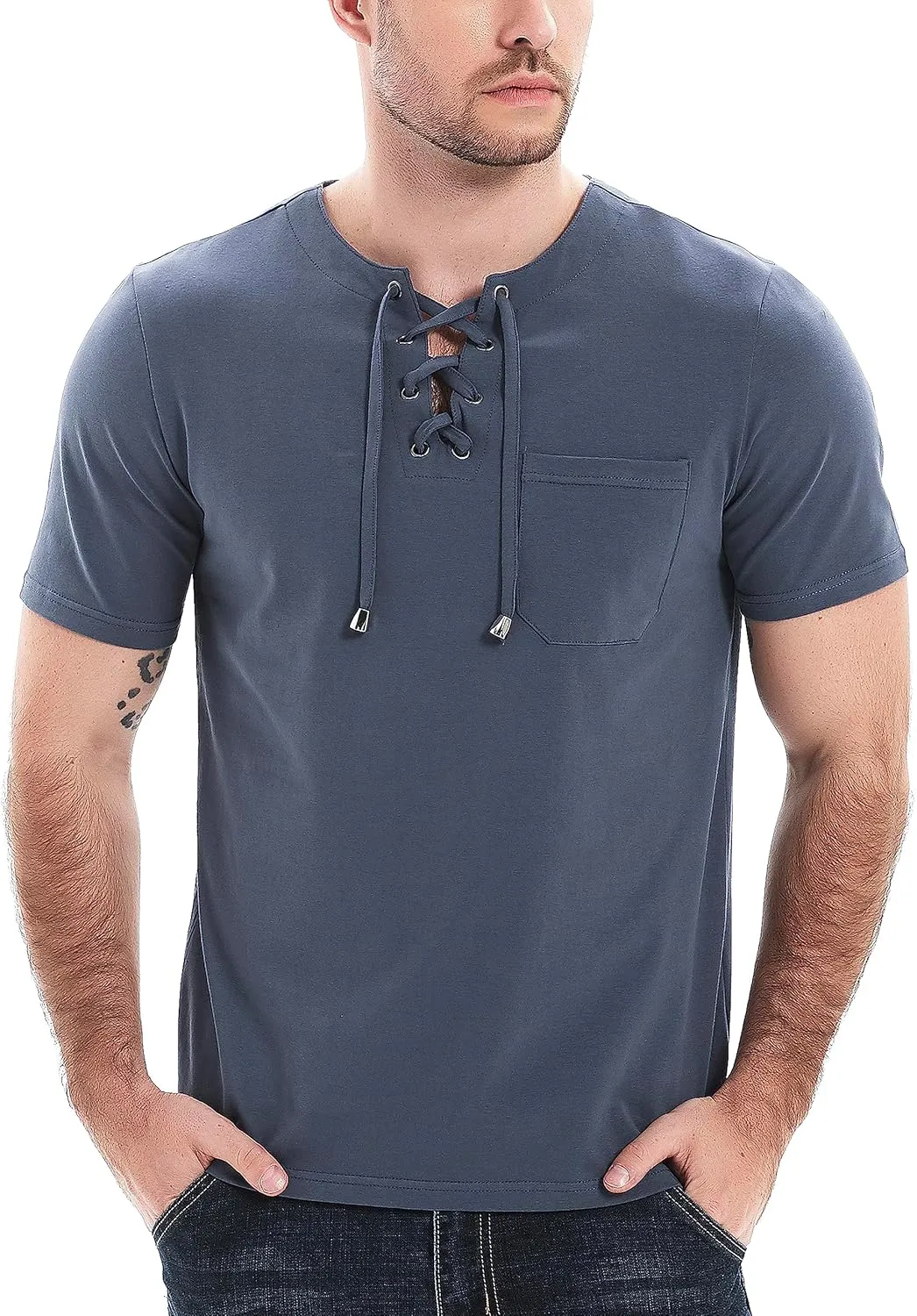 Mens Henley Shirts Casual Short Sleeve Lace Up Tees Cotton Drawstring Plain Tops