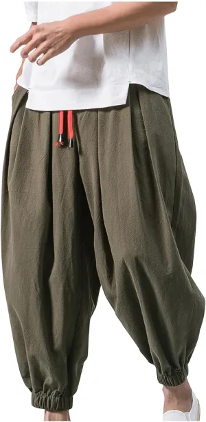 Mens Hippie Harem Pants Casual Elastic Drawstring Tapered Pants Solid Color Baggy Yoga Drop Crotch Trouser