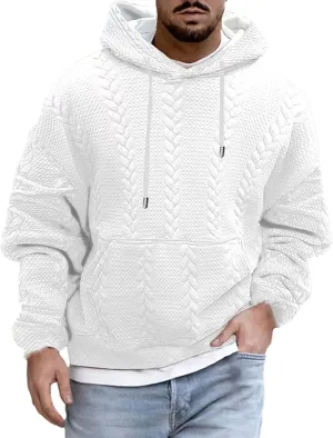 Mens Hooded Sweatshirt 2024 Fashion Textured Knit Drawstring Long Sleeve Pullover Loose Sports Workout Casual Hoodies