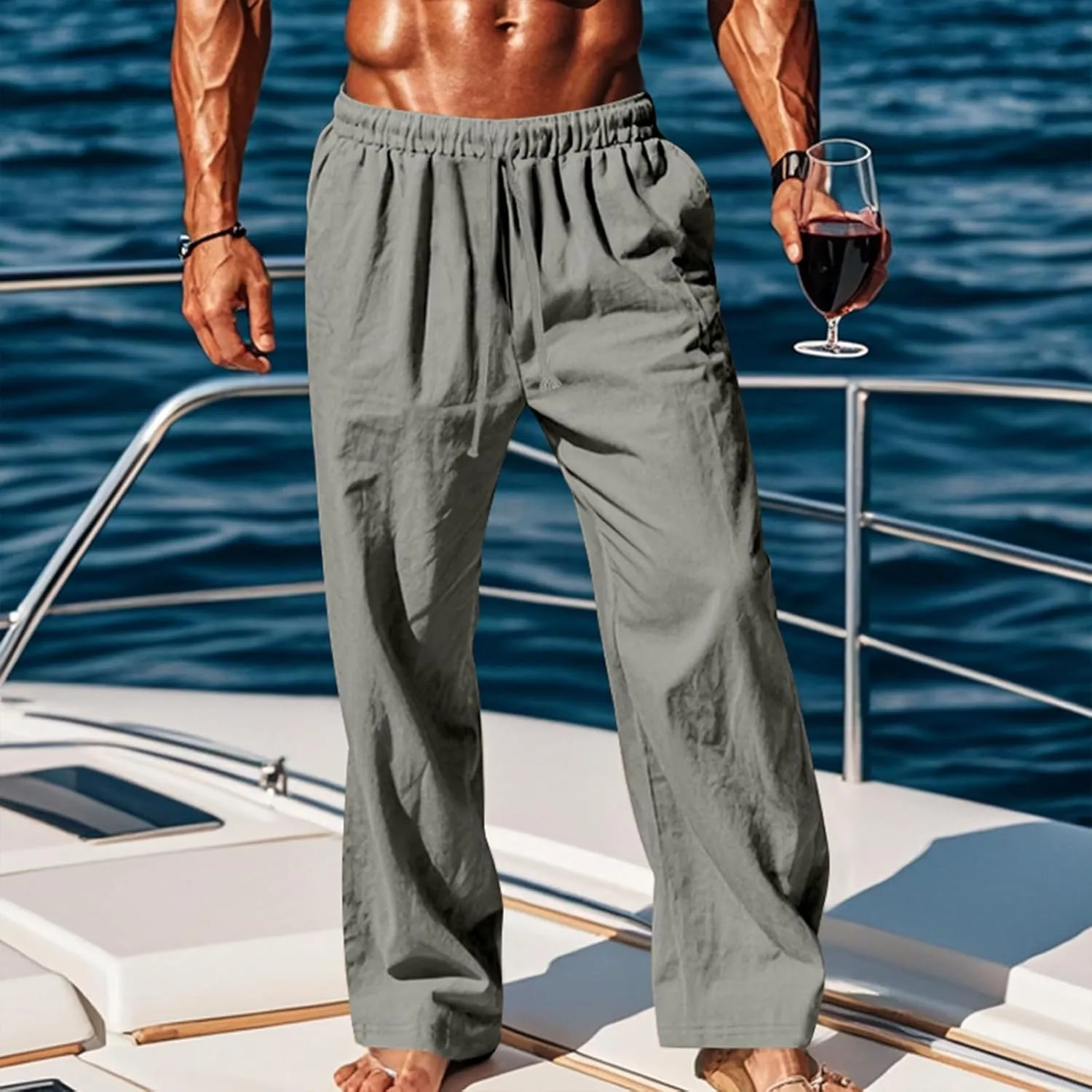 Mens Linen Pants Yoga Beach Loose Fit Casual Summer Elastic Waist Drawstring Baggy Trousers with Pockets