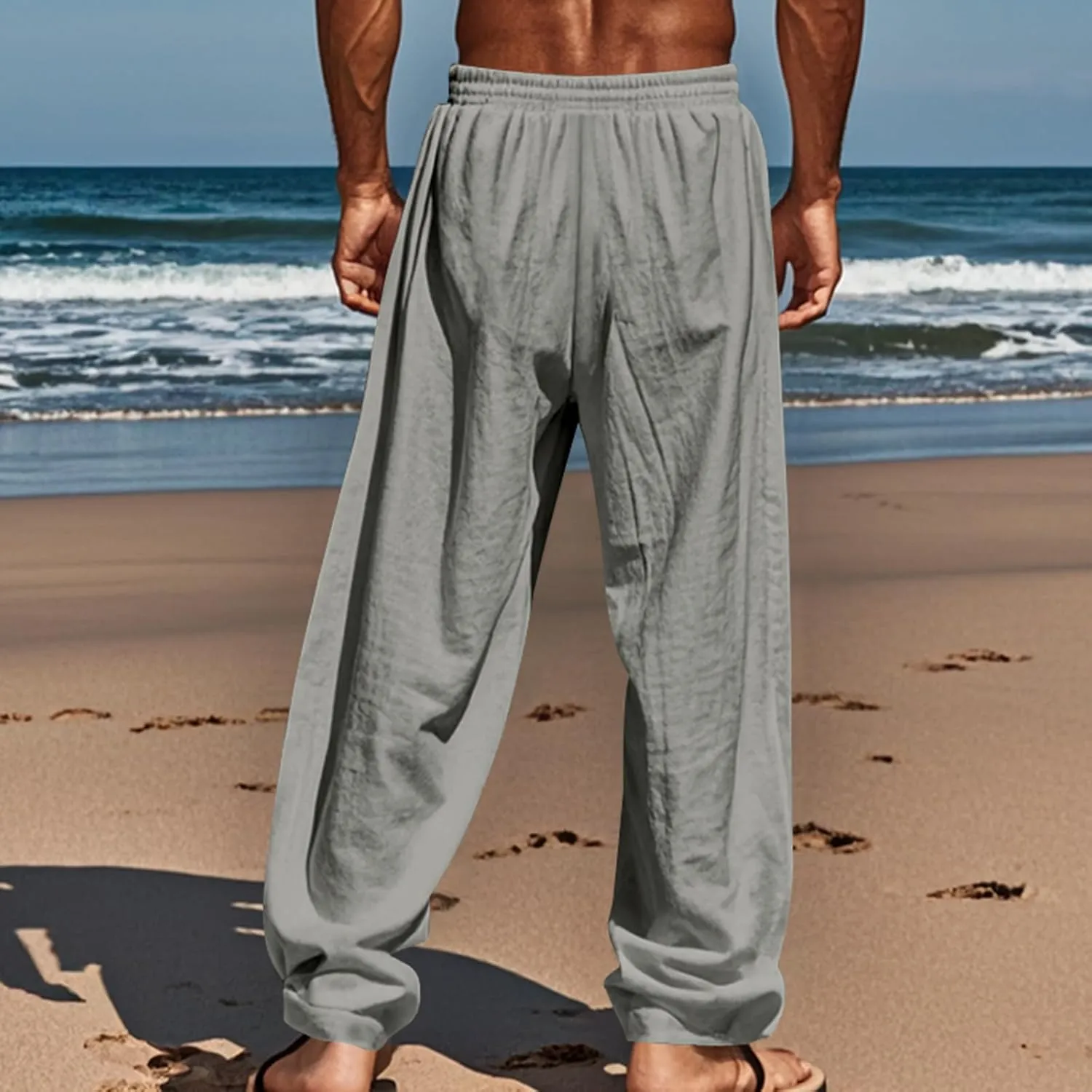 Mens Linen Pants Yoga Beach Loose Fit Casual Summer Elastic Waist Drawstring Baggy Trousers with Pockets