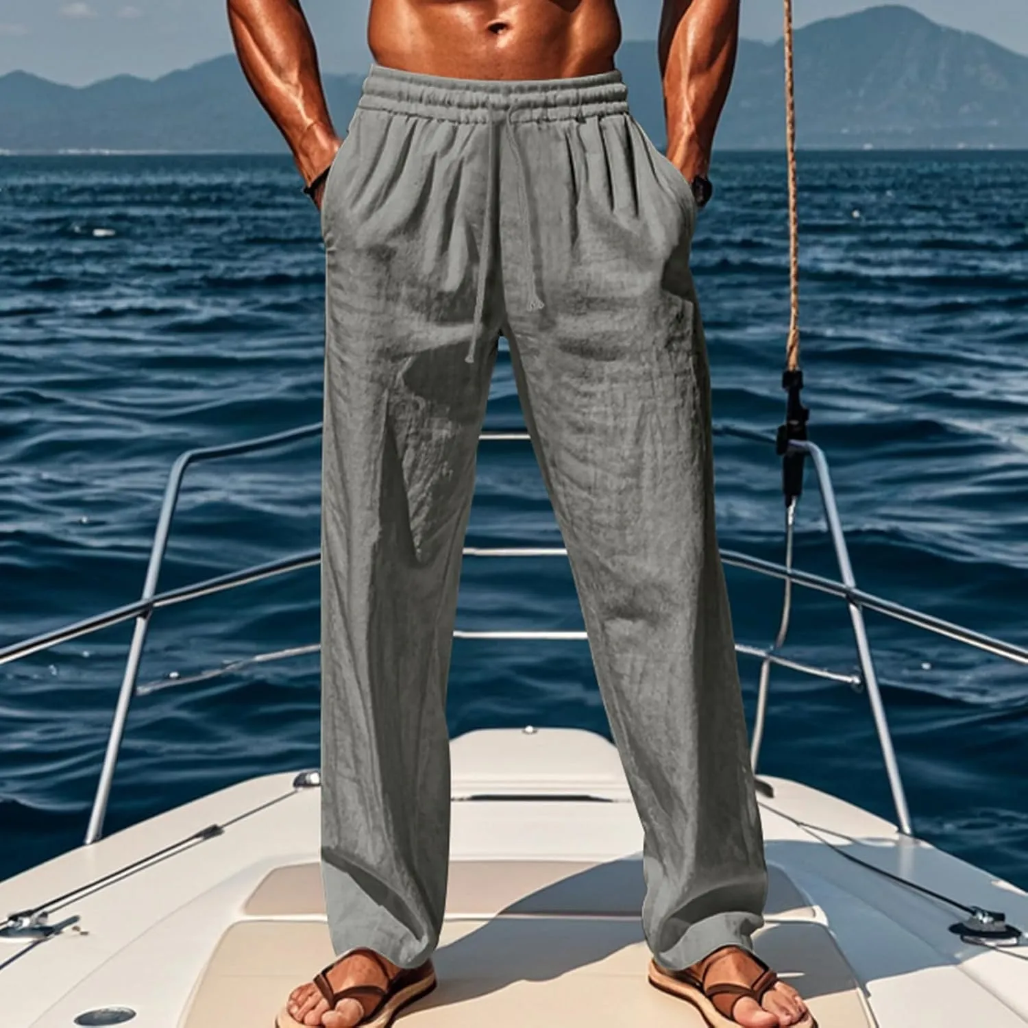 Mens Linen Pants Yoga Beach Loose Fit Casual Summer Elastic Waist Drawstring Baggy Trousers with Pockets
