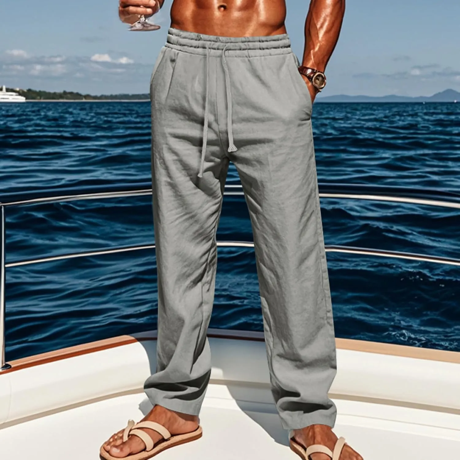 Mens Linen Pants Yoga Beach Loose Fit Casual Summer Elastic Waist Drawstring Baggy Trousers with Pockets