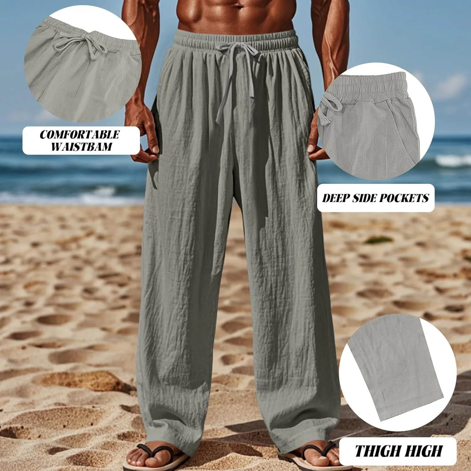 Mens Linen Pants Yoga Beach Loose Fit Casual Summer Elastic Waist Drawstring Baggy Trousers with Pockets