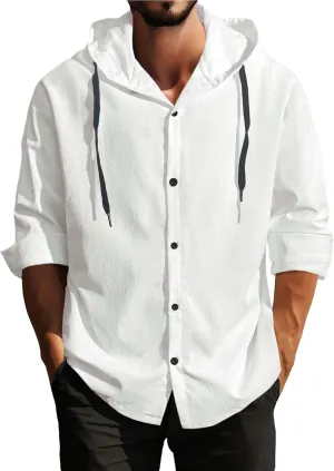 Mens Linen Shirts Long Sleeve Drawstring Button Down Casual Hooded T Shirt for Men 2025 Stylish Roll-Up Sleeve