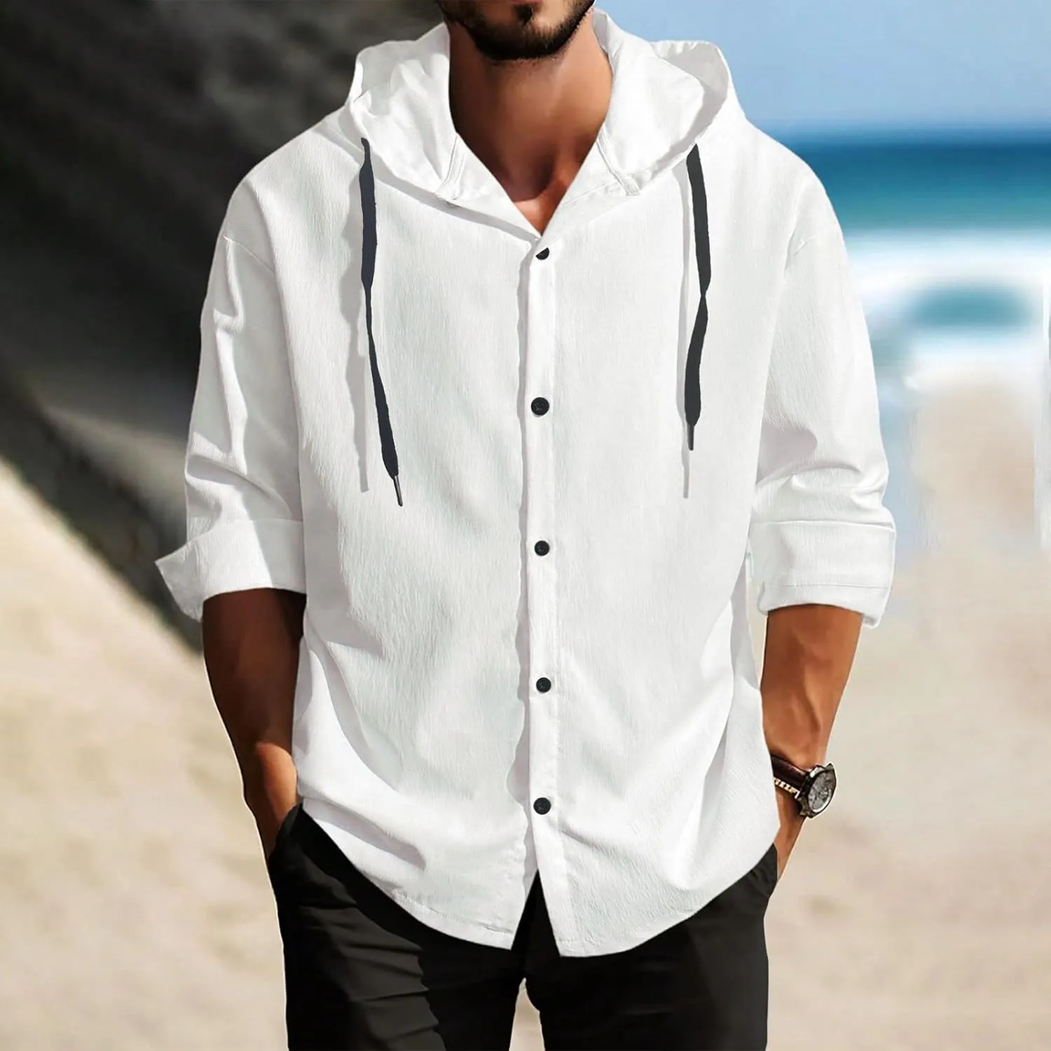 Mens Linen Shirts Long Sleeve Drawstring Button Down Casual Hooded T Shirt for Men 2025 Stylish Roll-Up Sleeve