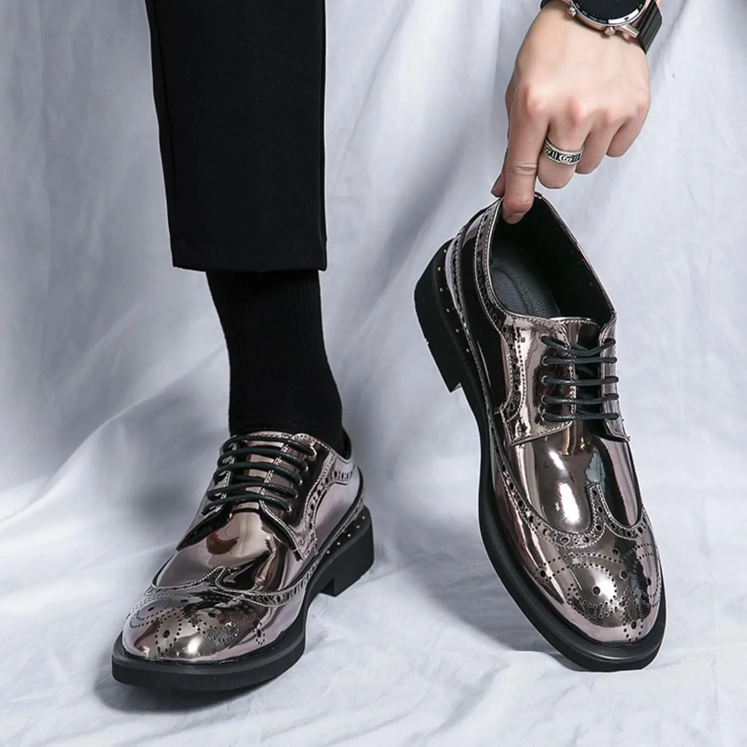 Men's Metallic Rose Gold Brogue Oxford Dress Shoes - Mirror Patent Leather Wingtips with Black Contrast Laces Thick Cushioned Sole & Reinforced Heel for Wedding/Formal Events/Office