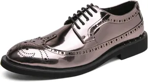 Men's Metallic Rose Gold Brogue Oxford Dress Shoes - Mirror Patent Leather Wingtips with Black Contrast Laces Thick Cushioned Sole & Reinforced Heel for Wedding/Formal Events/Office