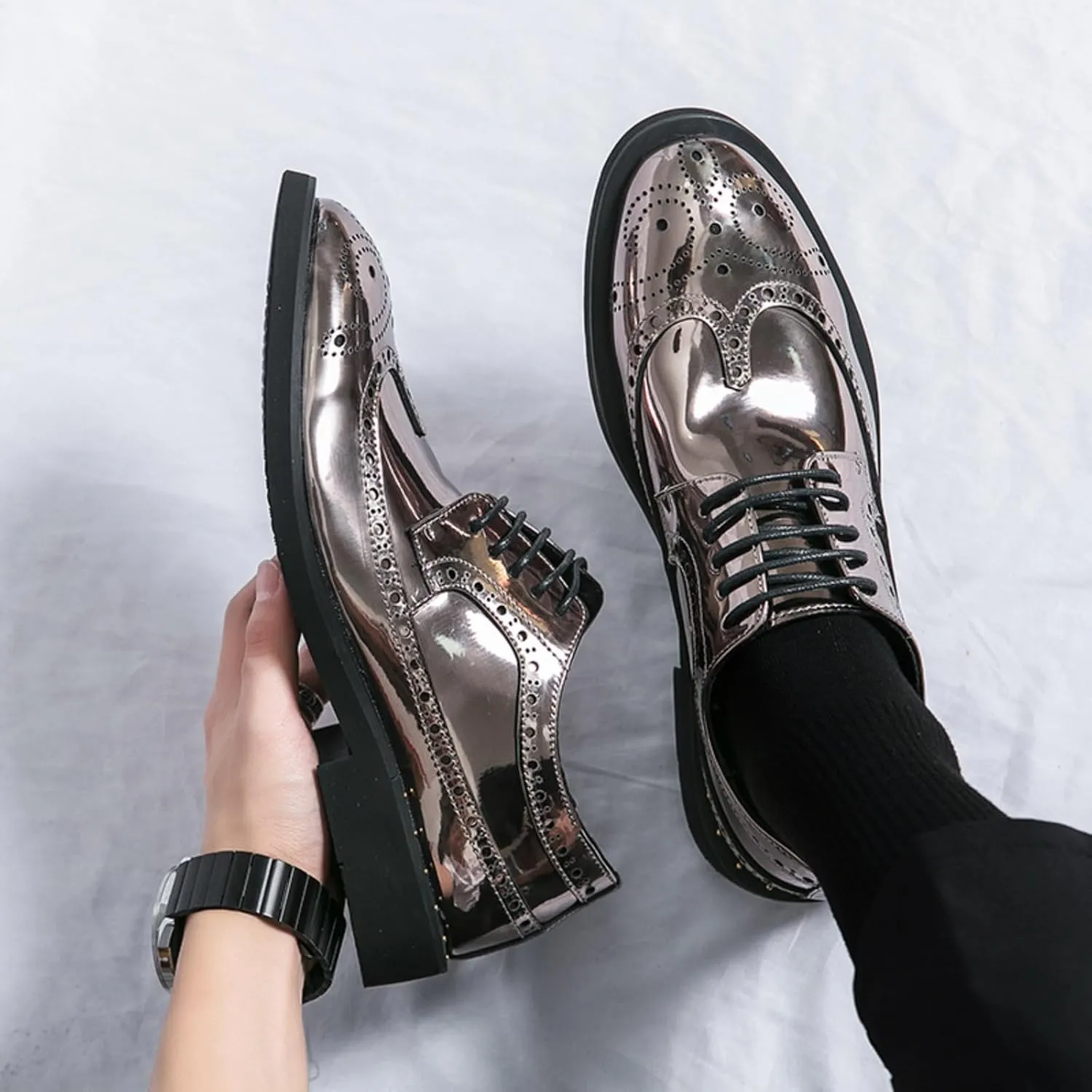 Men's Metallic Rose Gold Brogue Oxford Dress Shoes - Mirror Patent Leather Wingtips with Black Contrast Laces Thick Cushioned Sole & Reinforced Heel for Wedding/Formal Events/Office