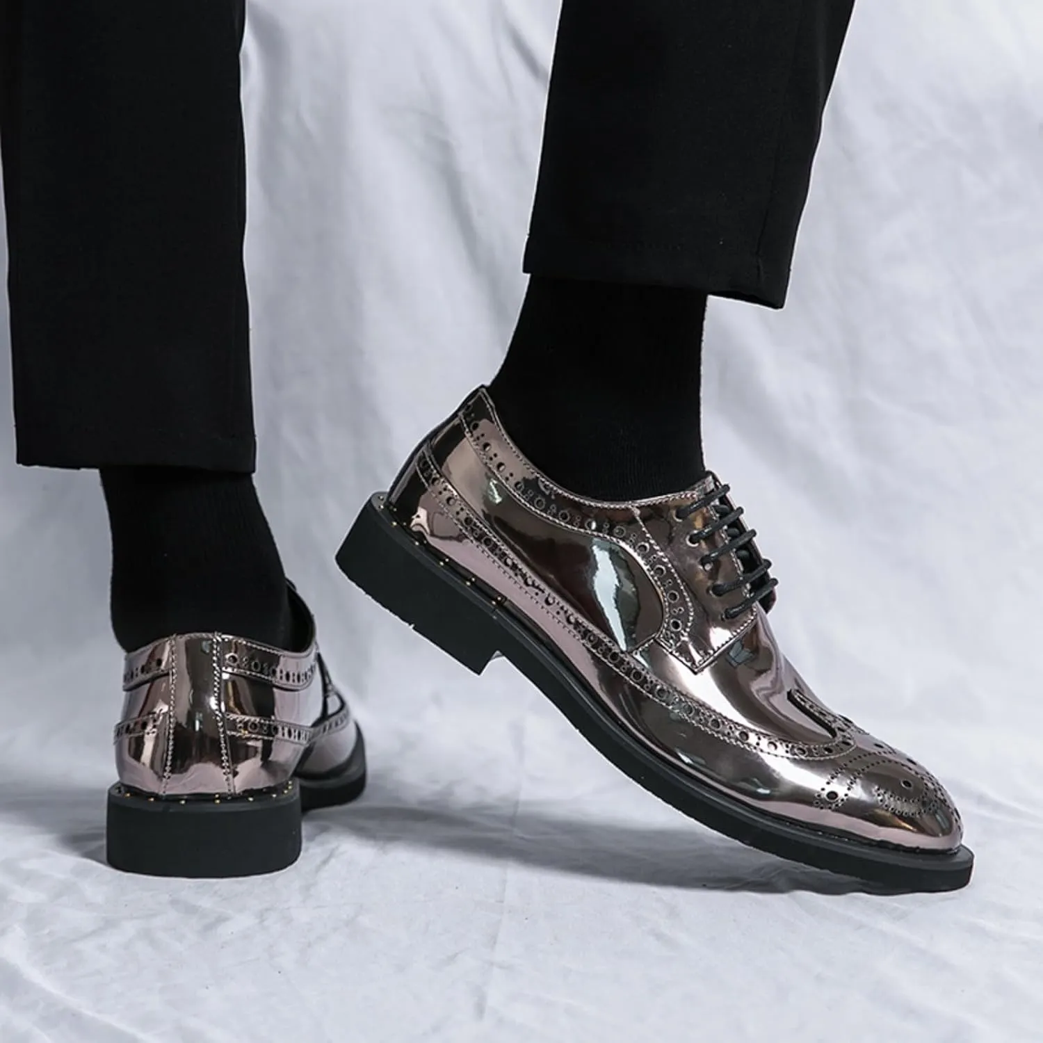 Men's Metallic Rose Gold Brogue Oxford Dress Shoes - Mirror Patent Leather Wingtips with Black Contrast Laces Thick Cushioned Sole & Reinforced Heel for Wedding/Formal Events/Office