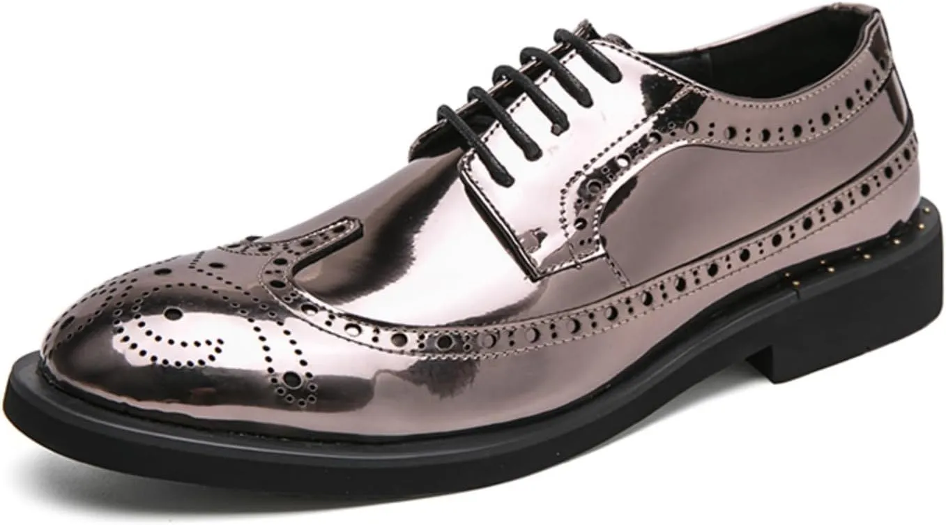 Men's Metallic Rose Gold Brogue Oxford Dress Shoes - Mirror Patent Leather Wingtips with Black Contrast Laces Thick Cushioned Sole & Reinforced Heel for Wedding/Formal Events/Office