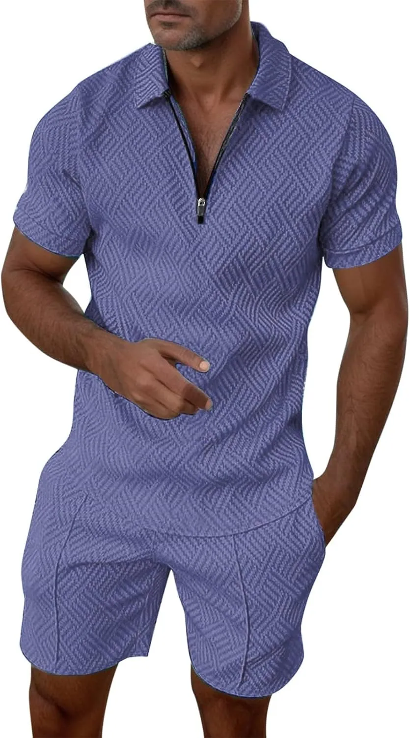 Men's Polo Shirt & Shorts Set, 2 Piece Solid Color Basic Outfits Fashion Summer Tracksuits Short Sleeve Casual Polo Suit