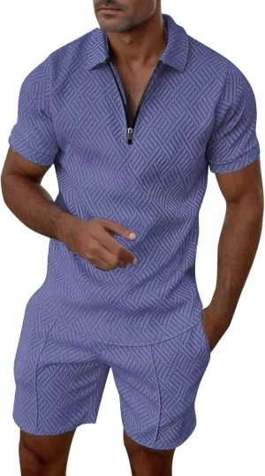 Men's Polo Shirt & Shorts Set, 2 Piece Solid Color Basic Outfits Fashion Summer Tracksuits Short Sleeve Casual Polo Suit