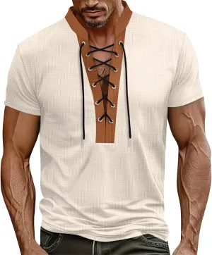 Mens Polo T-Shirts Workout Lace Up Drawstring Top Hawaiian Strappy Solid T Shirt V-Neck Fit Summer Henley Shirts