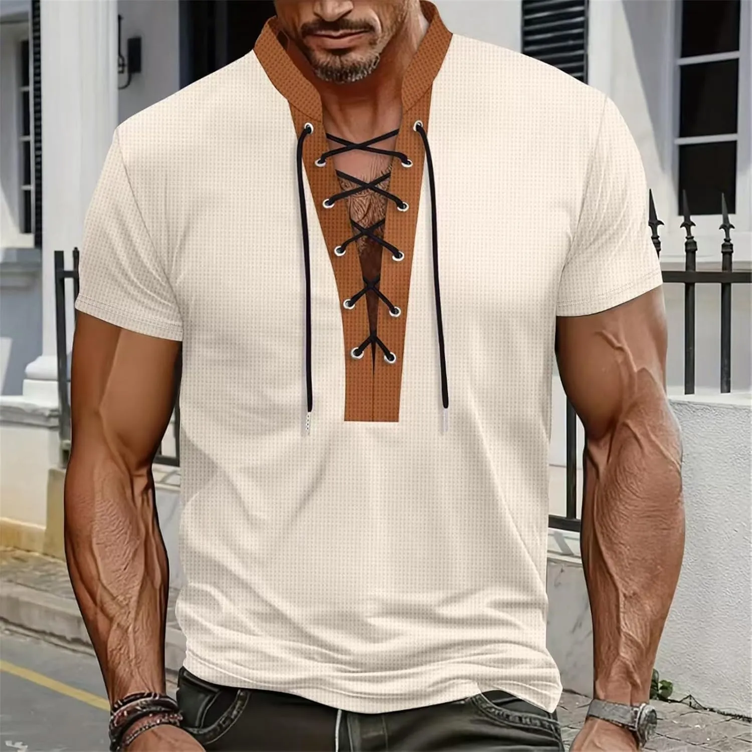 Mens Polo T-Shirts Workout Lace Up Drawstring Top Hawaiian Strappy Solid T Shirt V-Neck Fit Summer Henley Shirts