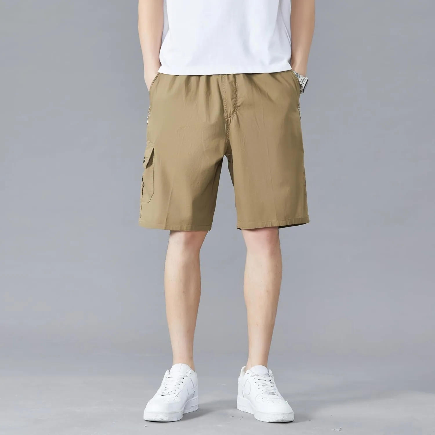 Men's Relaxed Fit Cargo Shorts Solid Cotton Cargo Shorts with Pockets Drawstring Work Shorts for Men