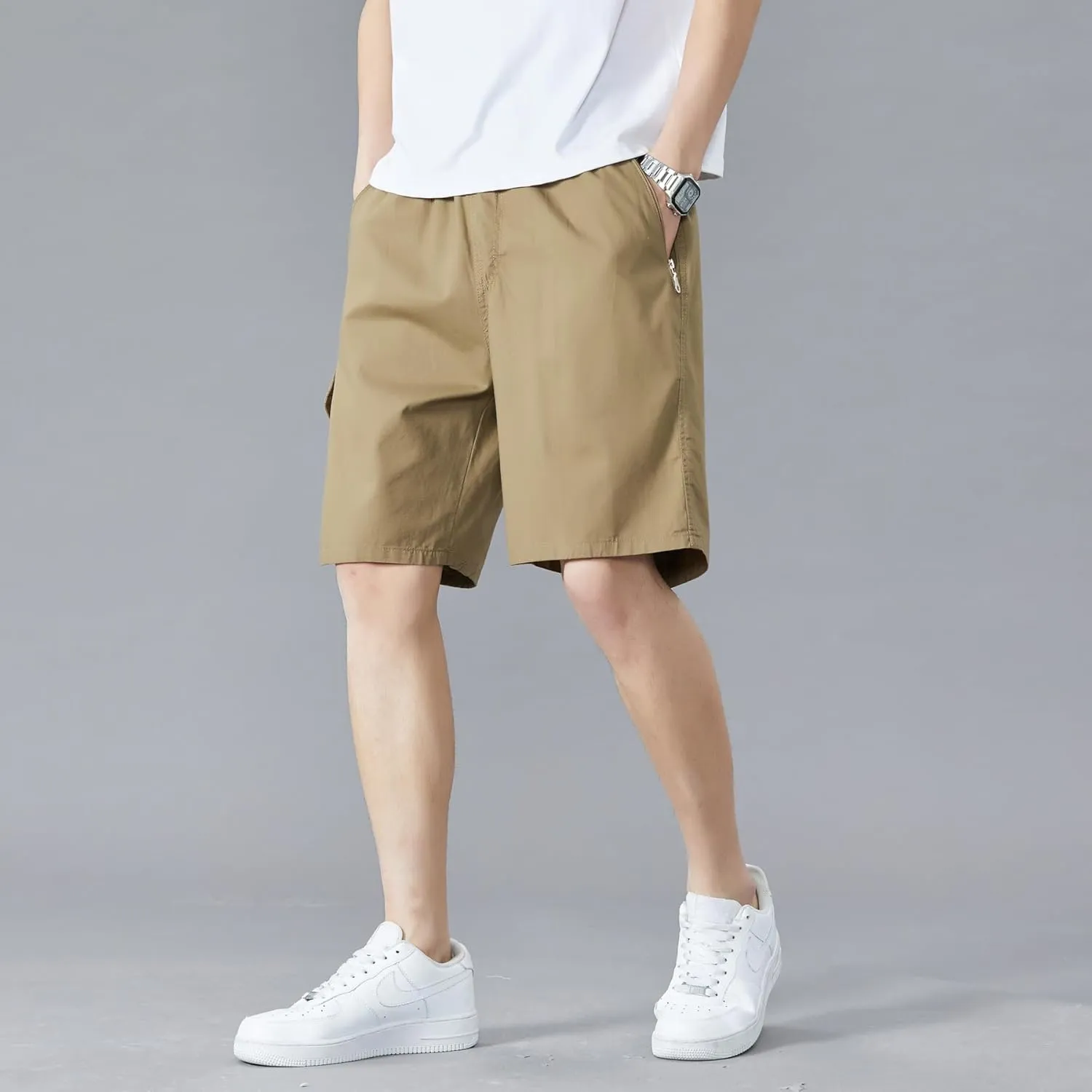 Men's Relaxed Fit Cargo Shorts Solid Cotton Cargo Shorts with Pockets Drawstring Work Shorts for Men
