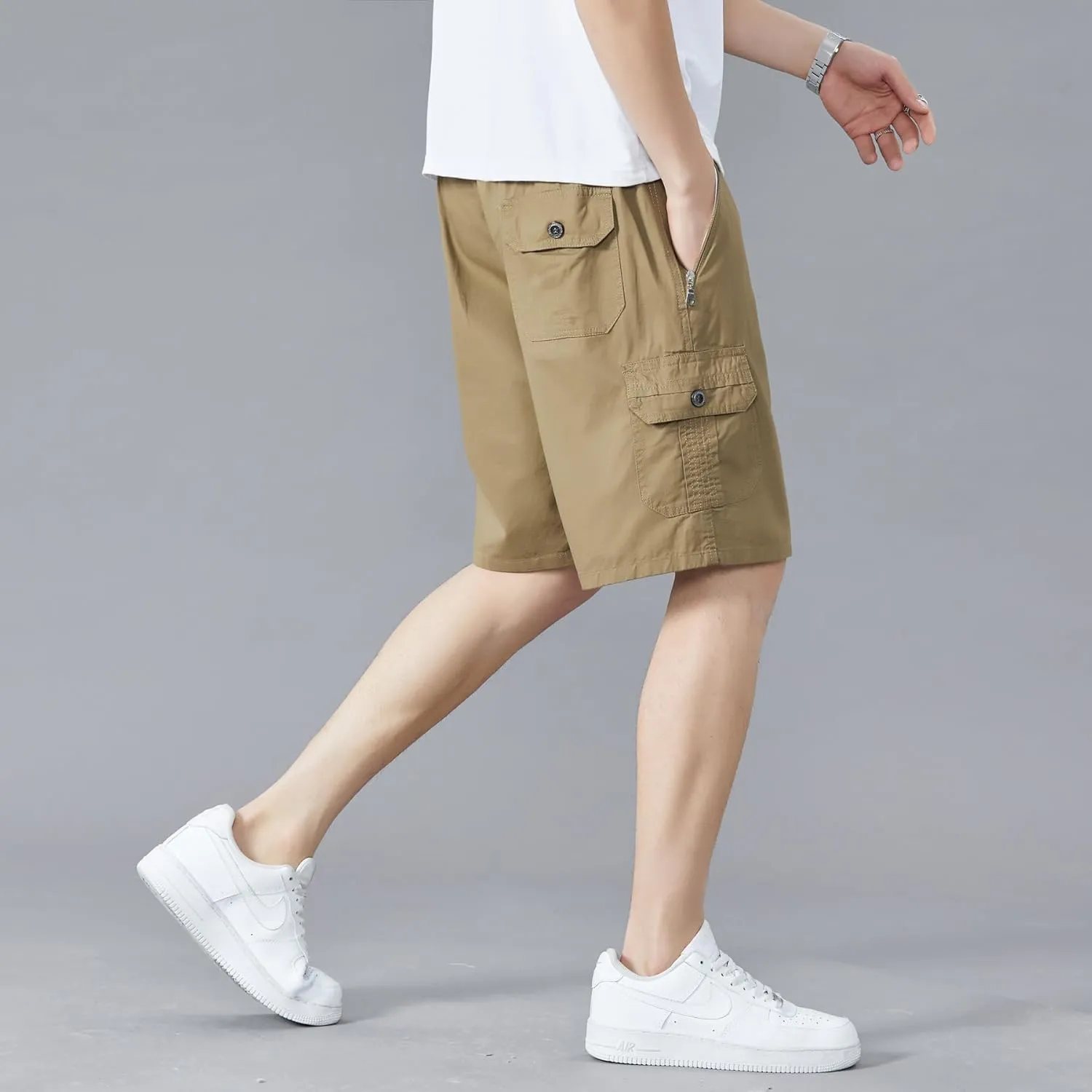 Men's Relaxed Fit Cargo Shorts Solid Cotton Cargo Shorts with Pockets Drawstring Work Shorts for Men