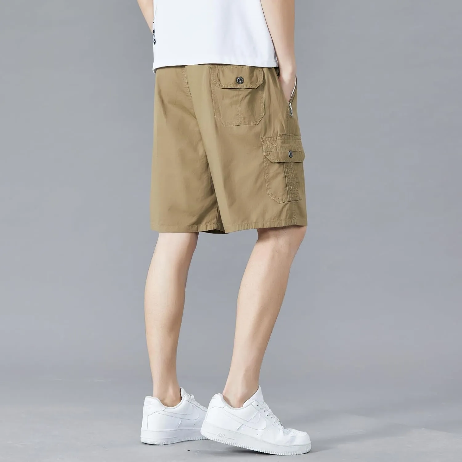 Men's Relaxed Fit Cargo Shorts Solid Cotton Cargo Shorts with Pockets Drawstring Work Shorts for Men