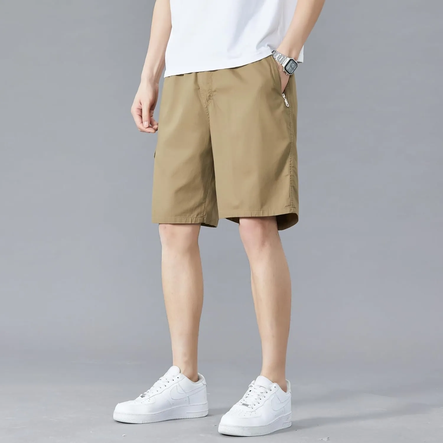 Men's Relaxed Fit Cargo Shorts Solid Cotton Cargo Shorts with Pockets Drawstring Work Shorts for Men