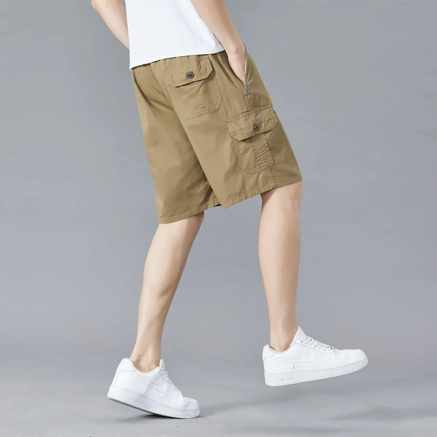 Men's Relaxed Fit Cargo Shorts Solid Cotton Cargo Shorts with Pockets Drawstring Work Shorts for Men