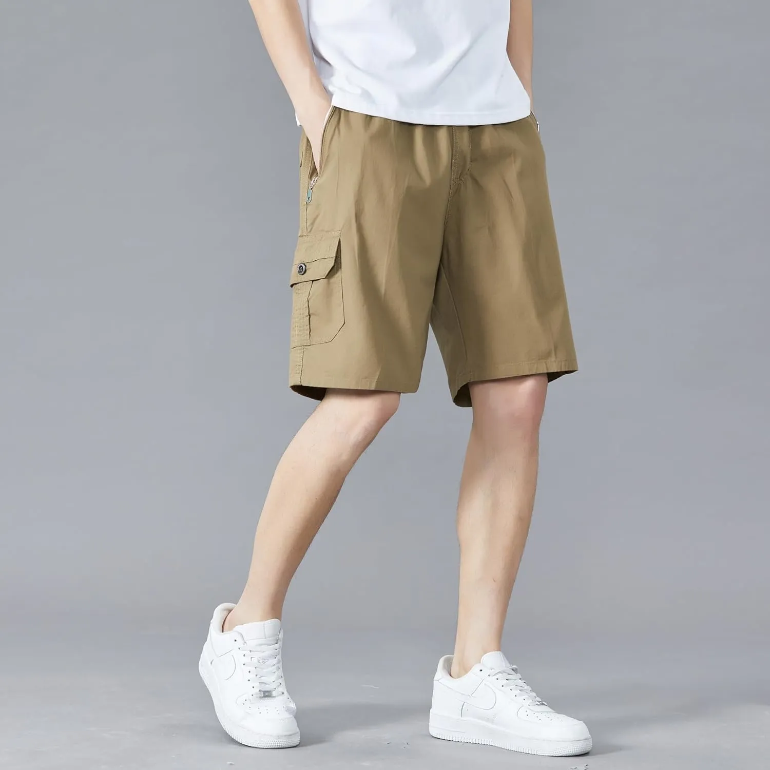 Men's Relaxed Fit Cargo Shorts Solid Cotton Cargo Shorts with Pockets Drawstring Work Shorts for Men
