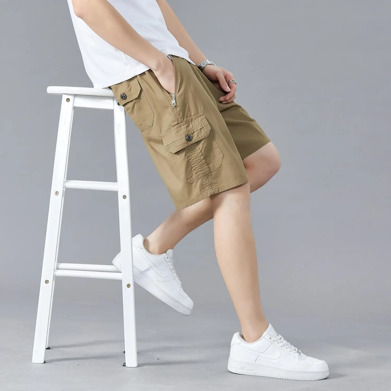 Men's Relaxed Fit Cargo Shorts Solid Cotton Cargo Shorts with Pockets Drawstring Work Shorts for Men