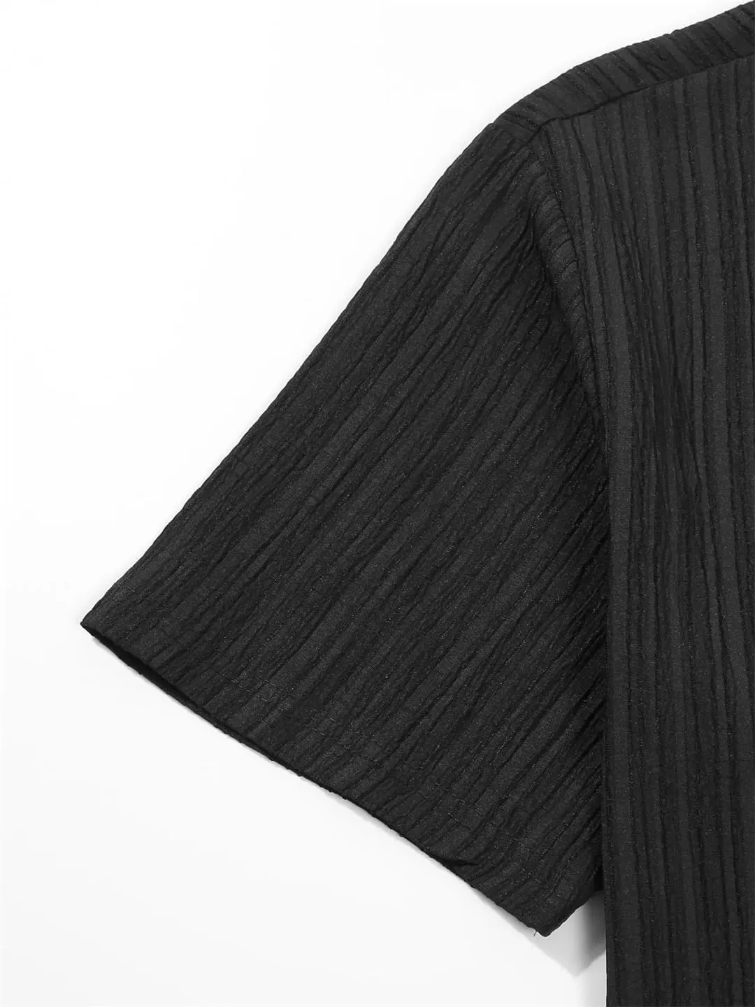 Men's Shirt Set with Pleated Texture Buttons Cardigan Short Sleeved Top Solid Color Drawstring Pants