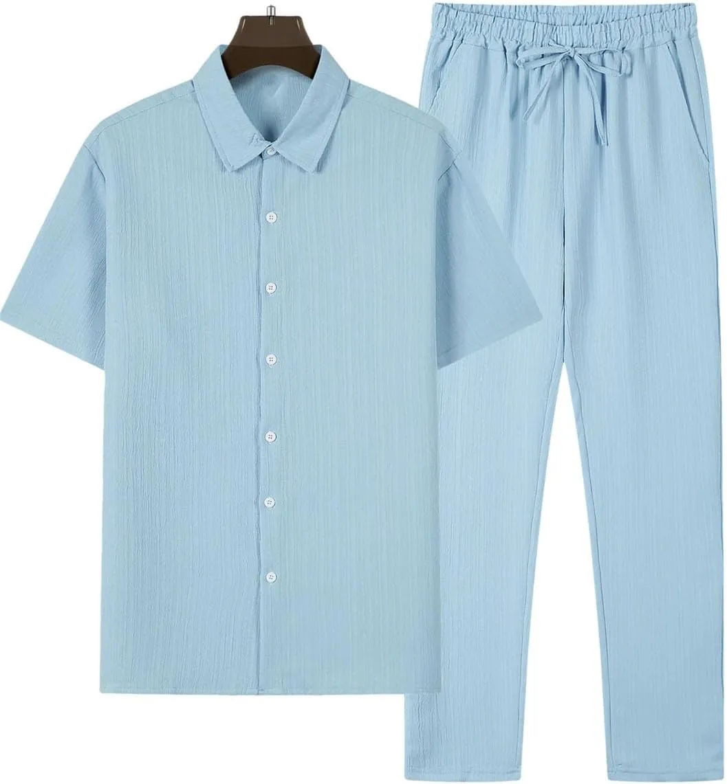 Men's Shirt Set with Pleated Texture Buttons Cardigan Short Sleeved Top Solid Color Drawstring Pants