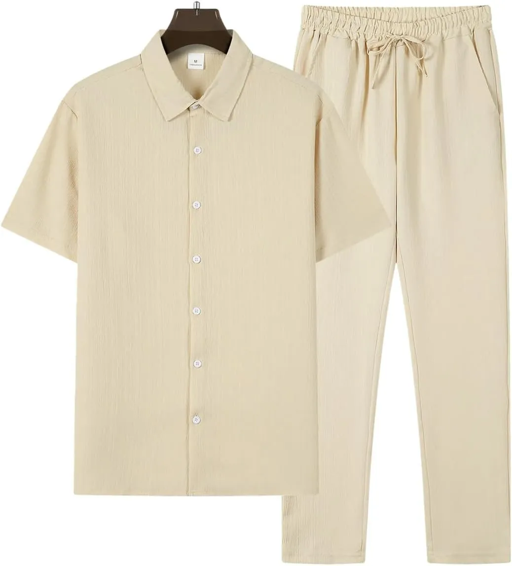 Men's Shirt Set with Pleated Texture Buttons Cardigan Short Sleeved Top Solid Color Drawstring Pants