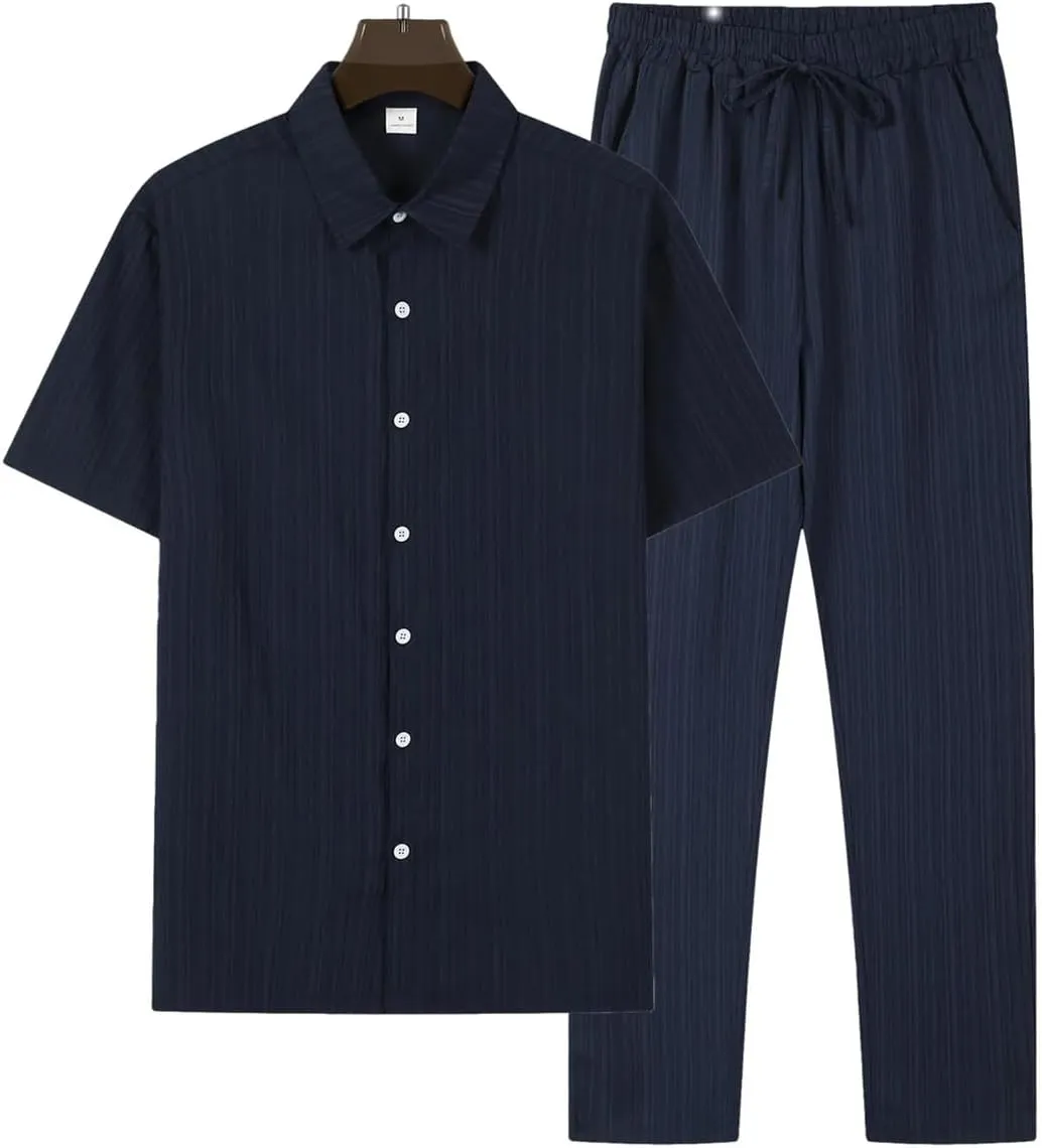 Men's Shirt Set with Pleated Texture Buttons Cardigan Short Sleeved Top Solid Color Drawstring Pants