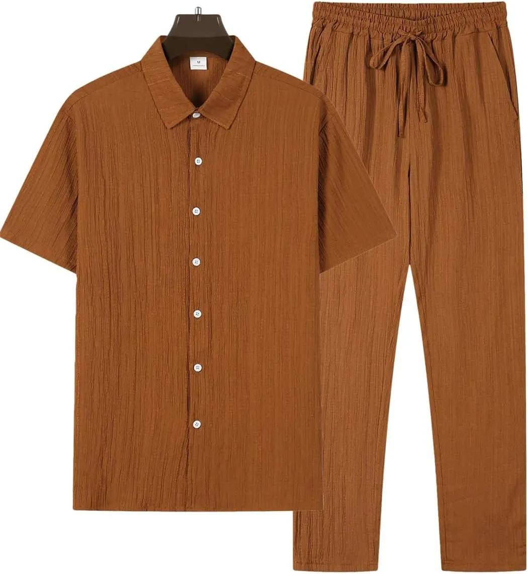 Men's Shirt Set with Pleated Texture Buttons Cardigan Short Sleeved Top Solid Color Drawstring Pants