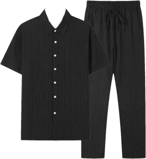 Men's Shirt Set with Pleated Texture Buttons Cardigan Short Sleeved Top Solid Color Drawstring Pants