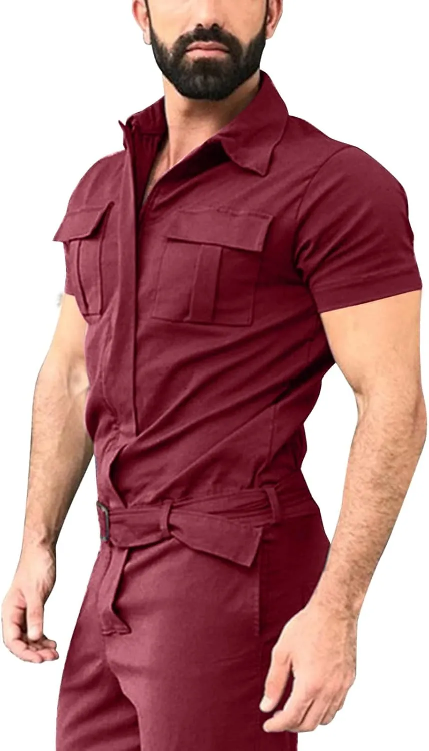 Mens Short Sleeve Cargo Rompers Button Down Summer One Piece Jumpsuits with Pockets Casual Overalls Trousers