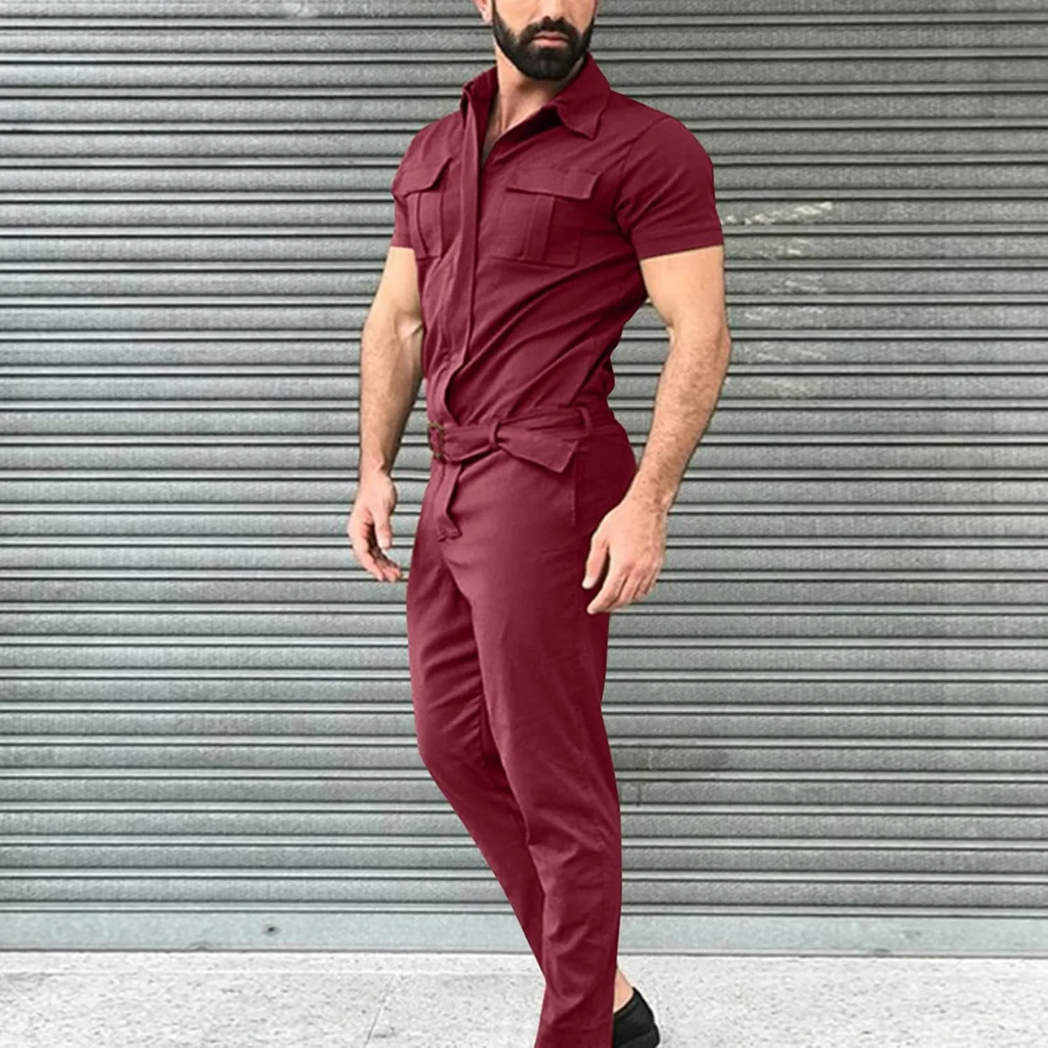 Mens Short Sleeve Cargo Rompers Button Down Summer One Piece Jumpsuits with Pockets Casual Overalls Trousers