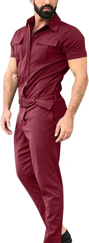 Mens Short Sleeve Cargo Rompers Button Down Summer One Piece Jumpsuits with Pockets Casual Overalls Trousers