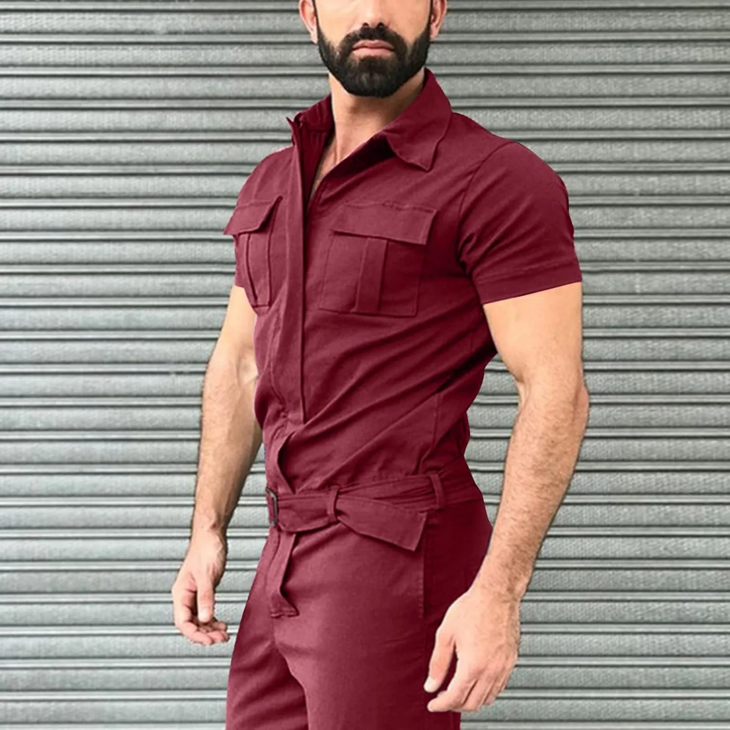 Mens Short Sleeve Cargo Rompers Button Down Summer One Piece Jumpsuits with Pockets Casual Overalls Trousers